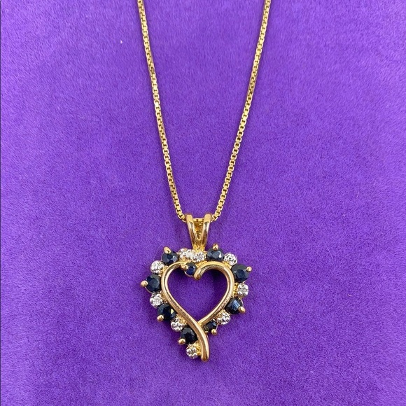 💛 14k Yellow Gold Plated 925 Diamond & Sapphire Heart Pendant Necklace - Picture 1 of 5